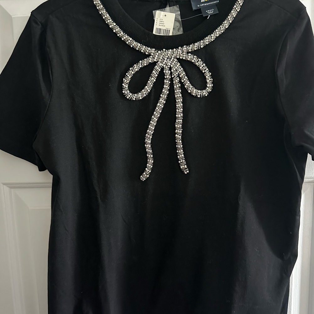 Maeve Black Short Sleeve Tee with Crystal Bow Detail